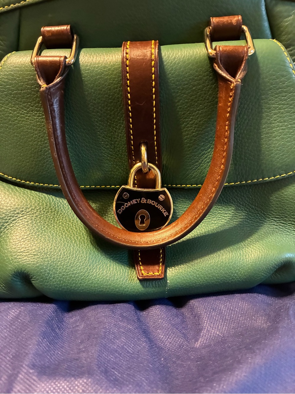Dooney & Bourke Green Leather Satchel with Brown Handles and Gold Hardware - Picture 5 of 8
